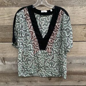 ALC Top Womens 6 Boho Silk Blouse Floral Print Vneck Pullover Short Sleeve